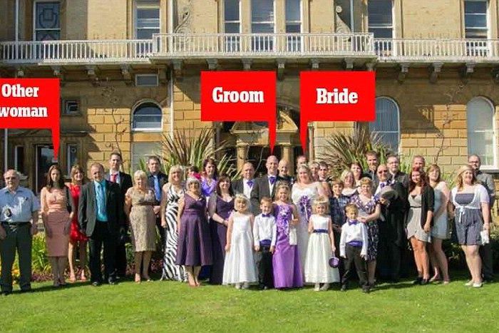 Heartbroken Michelle Young, pictured centre, was dumped by her husband Alan Hoffman, centre, three months after her wedding - for guest Gemma Hadley, third from left