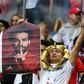 A fan holds a poster of Egypt forward Mohamed Salah ahead of a match against Russia at the World Cup on June 19, 2018