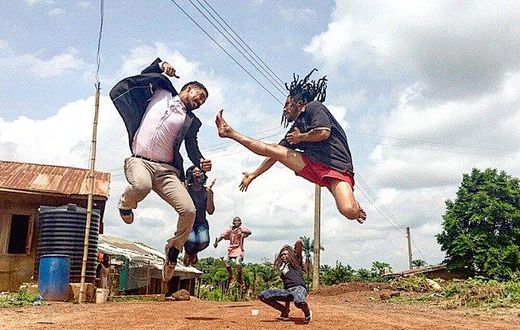 Majid Michel and Benjamin Lugo on set