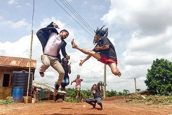 Majid Michel and Benjamin Lugo on set
