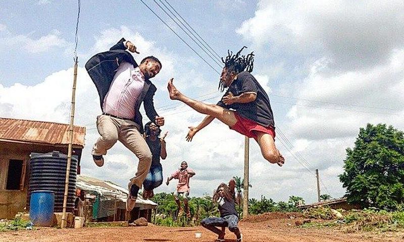 Majid Michel and Benjamin Lugo on set