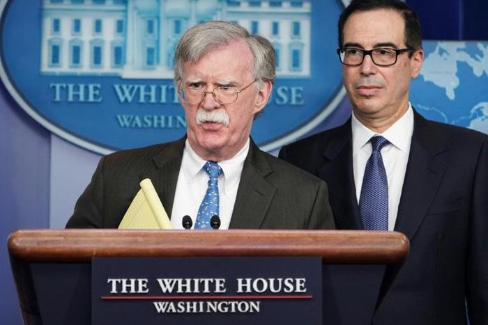 National Security Advisor John Bolton (left) and Treasury Secretary Steven Mnuchin briefed reporters on the latest US efforts to ramp up pressure on Venezuela's Nicolas Maduro
