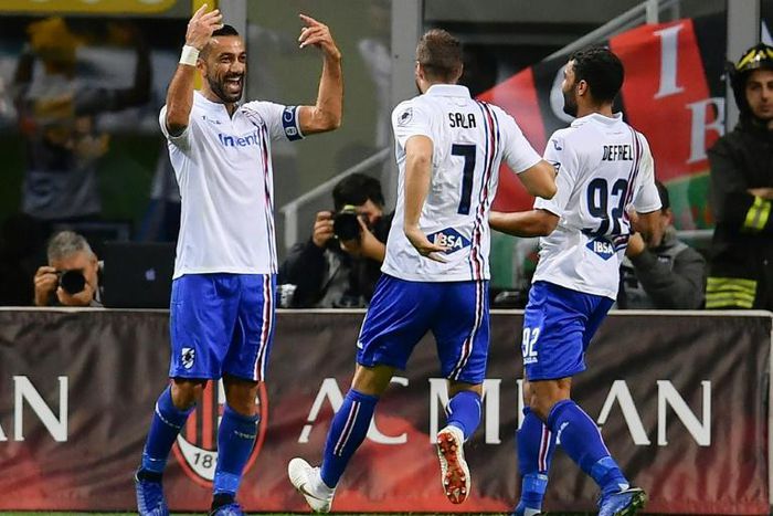 Sampdoria's Italian forward Fabio Quagliarella (L) has scored in 11 consecutive Serie A games
