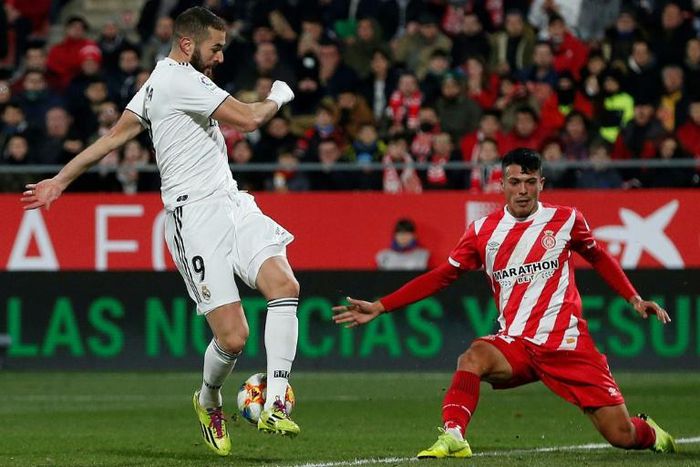 Karim Benzema on his way to scoring twice in Thursday's 3-1 win