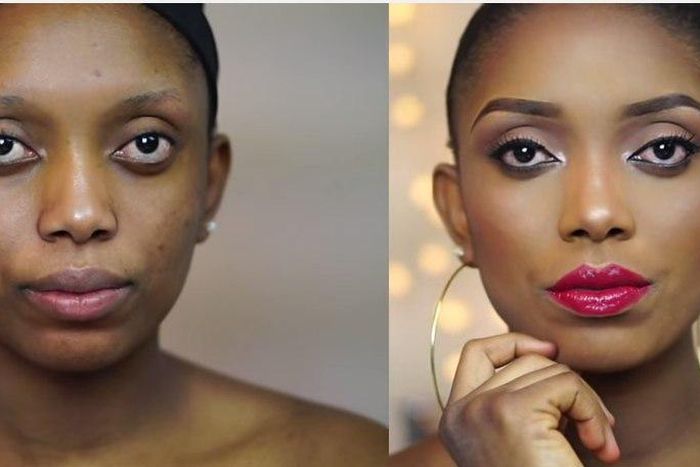 Neutral eye makeup look and bold lips