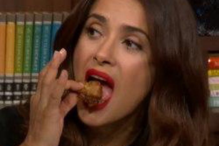 Salma Hayek eating fried frog on ' Watch What Happens Live'