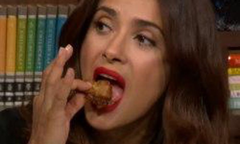 Salma Hayek eating fried frog on ' Watch What Happens Live'
