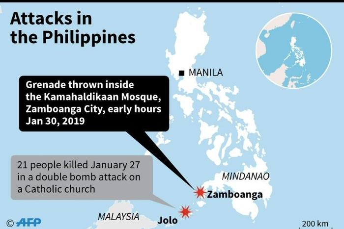 Map locating an attack at a mosque in Zamboanga, southern Philippines on Wednesday, and an attack on the island of Jolo on Sunday