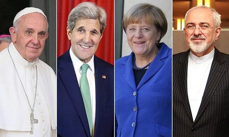 Pope Francis, John Kerry, Angela Merkel and Mohammad Javad Zarif.