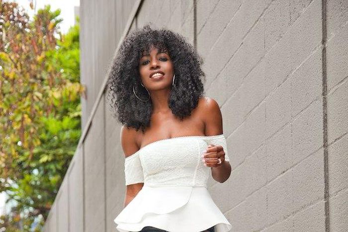 Folake Huntoon scores denim with flirty off shoulder top