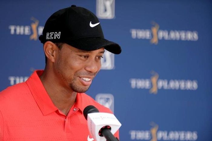 Tiger Woods is interviewed after completing the final round of The Players Championship at TPC Sawgrass - Stadium Course. Mandatory Credit: Jake Roth-USA TODAY Sports