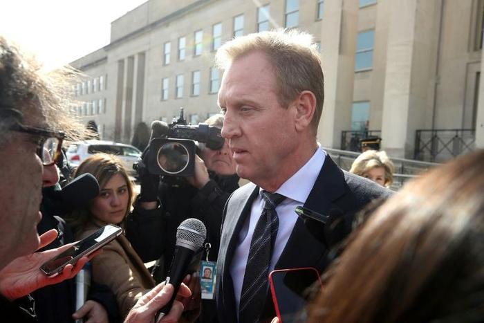 Acting Defense Secretary Patrick Shanahan talks to the media prior to welcoming NATO Secretary General Jens Stoltenberg at the Pentagon