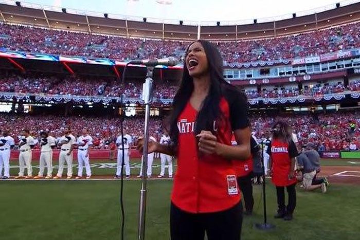 Ciara performin the national anthem at 2015 MLB All-Stars Game at the Great American Ball Park in Cincinnati, Ohio