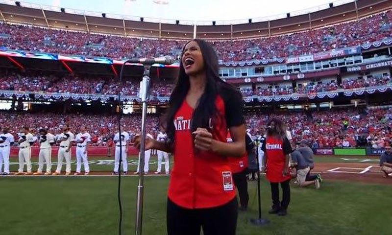 Ciara performin the national anthem at 2015 MLB All-Stars Game at the Great American Ball Park in Cincinnati, Ohio