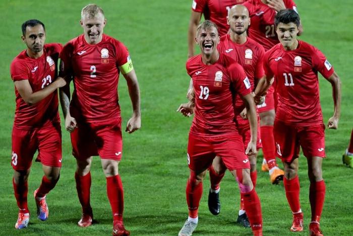 Kyrghyzstan forward Vitalij Lux in his No19 shirt after scoring the opener