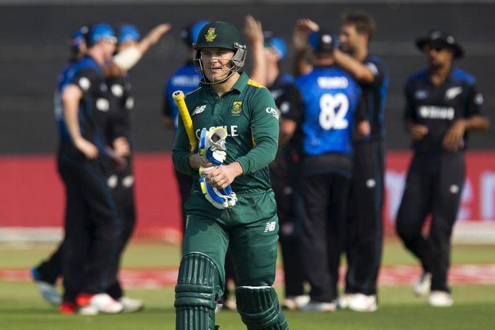 New Zealand celebrate the wicket of South Africa's Morne van Wyk as he leaves the pitch during the 3rd One Day International cricket match in Durban, August 26, 2015. REUTERS/Rogan Ward