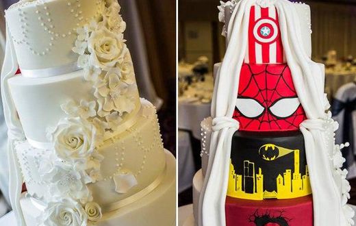 The couple's bridal/DC Comics wedding cake