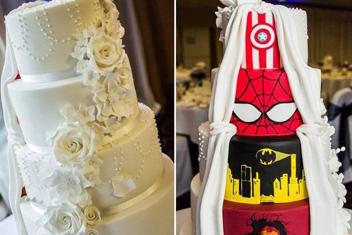 The couple's bridal/DC Comics wedding cake