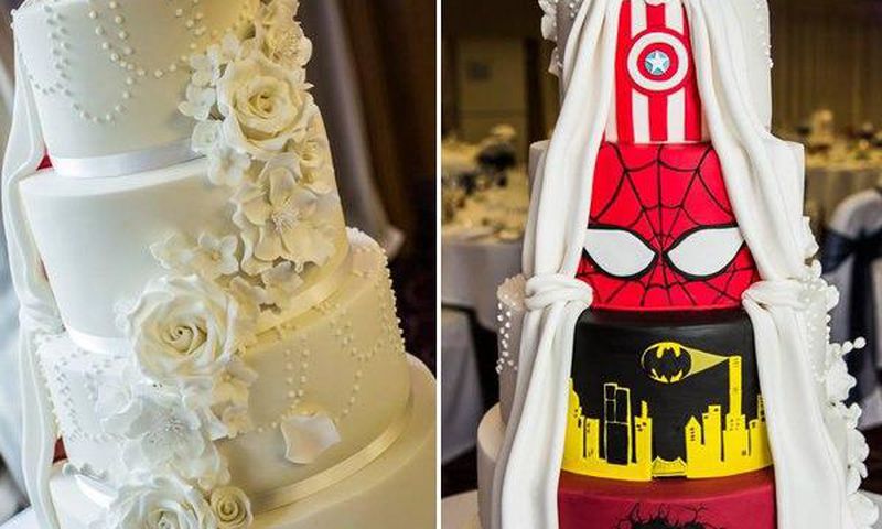 The couple's bridal/DC Comics wedding cake
