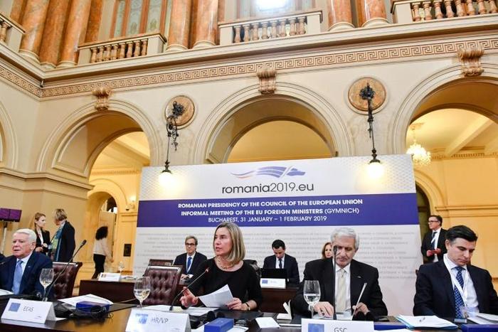 EU diplomatic chief Federica Mogherini, centre, said an international contact group would be created with the aim of holding new elections in Venezuela