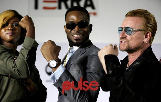 Waje, D'banj and Bono at ONE campaign press conference in Lagos.