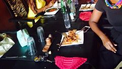 Nana Aba Anamoah in yellow, Benny Blanco and Ama K Abebrese having lunch