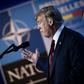 US President Donald Trump gestures at the July 2018 NATO summit in Brussels