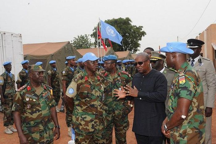 (File photo) President Mahama interacting with the commandant and other senior officials of the Ghanaian contingent in Mali