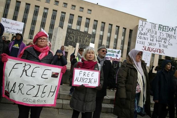 Supporters call for the release of detained journalist Marzieh Hashemi in front of the US District Courthouse on January 23, 2019 in Washington, DC