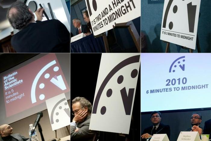 A combination of file pictures shows (clockwise from top L) the Doomsday Clock on January 25, 2018; on January 26, 2017; on January 26, 2016; on January 22, 2015; on January 10, 2012; and on January 14, 2010
