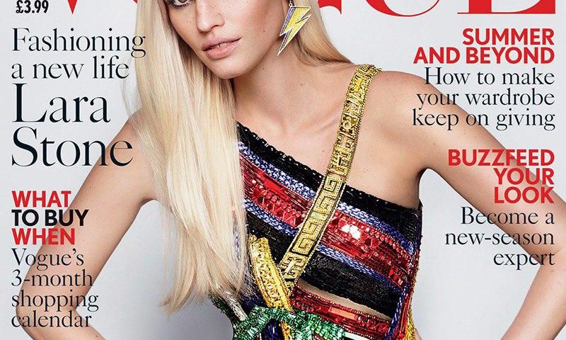 Lara Stone wears Versace for Vogue UK August 2015