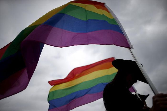 A woman holds rainbow flags for the grand entry at the International Gay Rodeo Association's Rodeo In the Rock in Little Rock, Arkansas, United States April 26, 2015. REUTERS/Lucy Nicholson