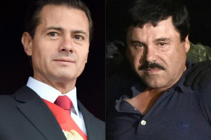 A witness at the trial of Joaquin "El Chapo" Guzman (R) said the drug kingpin paid a $100 million bribe to then-president-elect Enrique Pena Nieto (L) in 2012