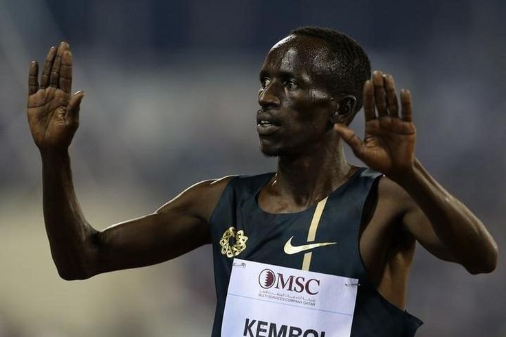 Ezekiel Kemboi of Kenya celebrates his victory in the men's 3000m Steeplechase during the IAAF Diamond League athletics meet in Doha May 9, 2014. REUTERS/Fadi Al-Assaad