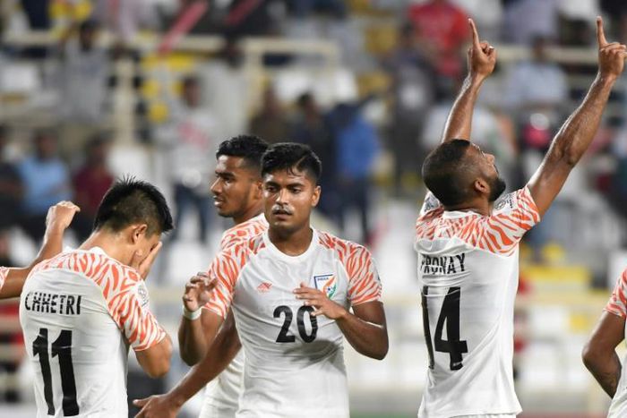 India's No.11 Sunil Chhetri scored twice against Thailand