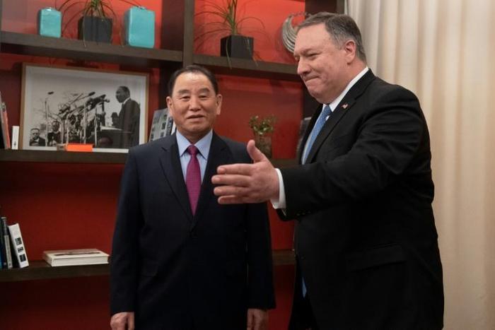 US Secretary of State Mike Pompeo welcomes North Korean General Kim Yong Chol to talks at a Washington hotel
