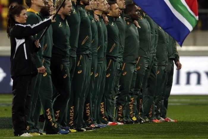South Africa's Springboks sing their national anthem before playing New Zealand's All Blacks in their Rugby Championship match at Westpac Stadium in Wellington, September 13, 2014. REUTERS/Anthony Phelps