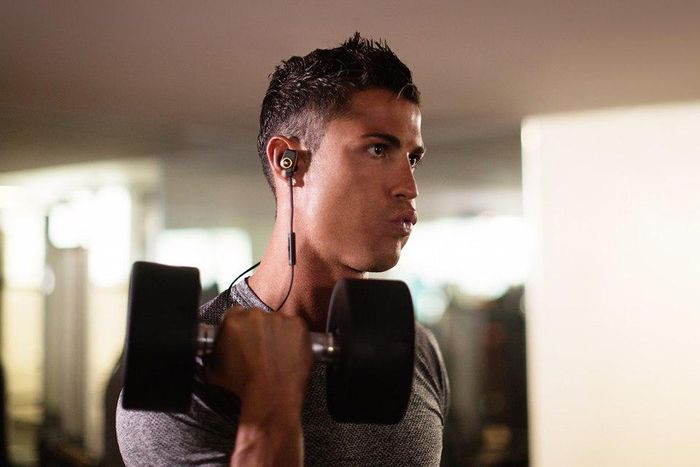 Star footballer, Cristiano Ronaldo using one of the earphones