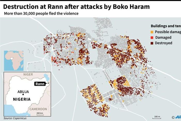 Map of the city of Rann in Nigeria, destruction detected by satellite images.