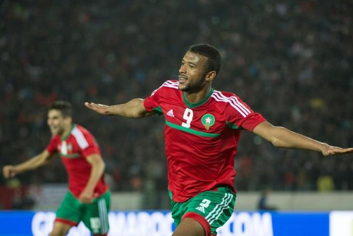 Ayoub el Kaabi celebrates one of the record nine goals he scored to help hosts Morocco win the 2018 African Nations Championship.