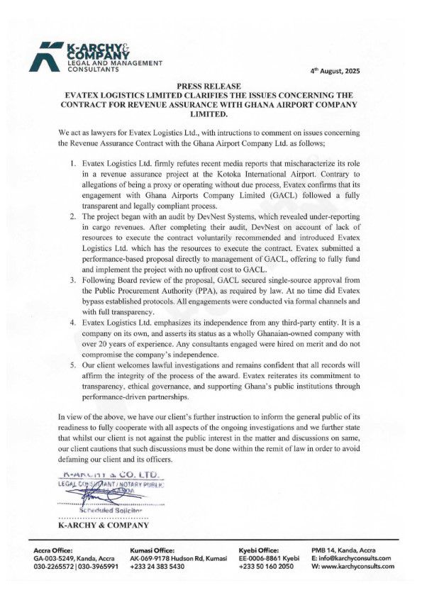 A copy of the statement from Evatex Logistics on the controversial GACL contract