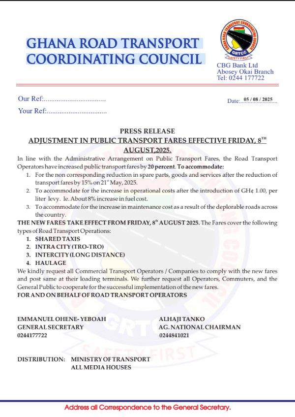 GRTCC announces nationwide transport fare increase from August 8