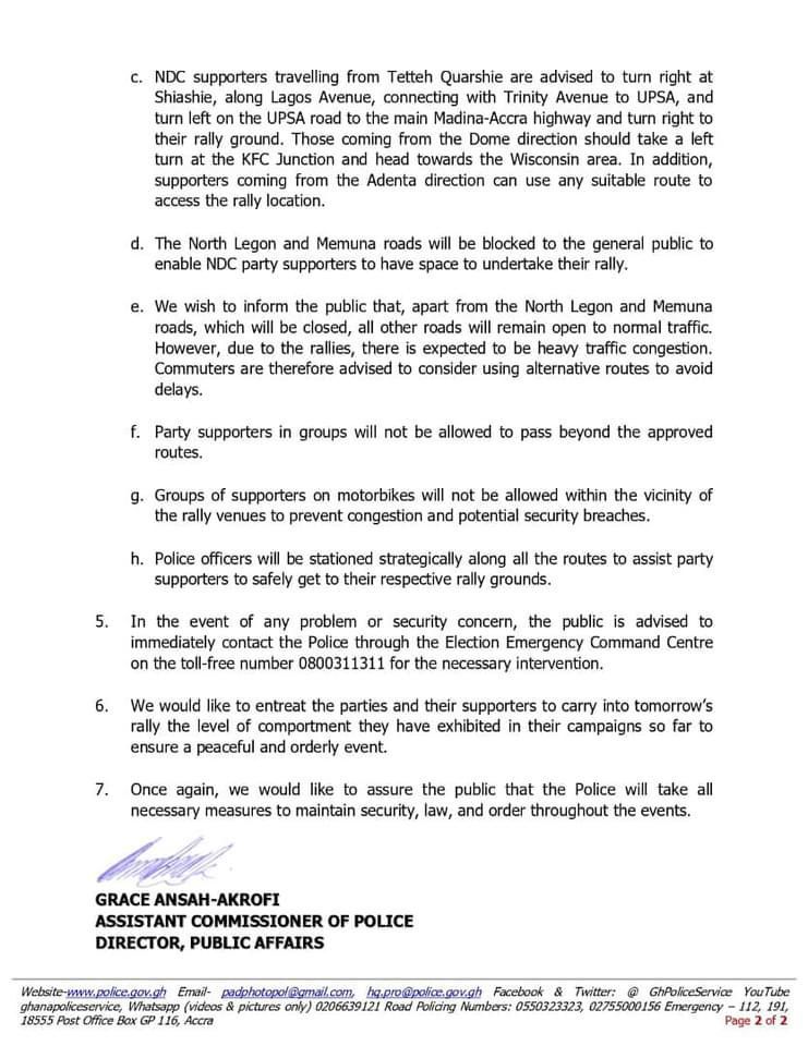 Police announce traffic  diversions ahead of NPP and NDC final rallies today