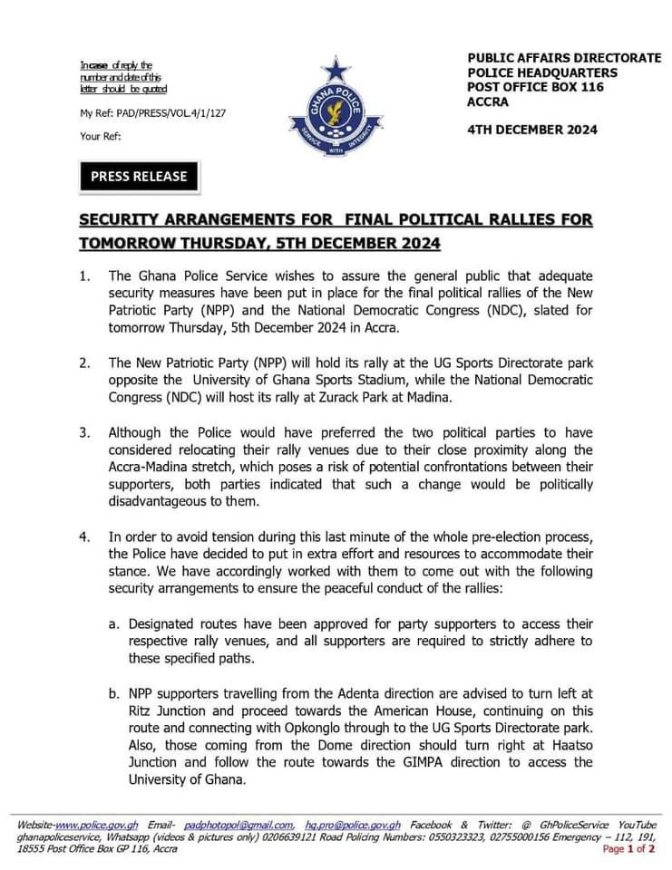 Police announce traffic  diversions ahead of NPP and NDC final rallies today