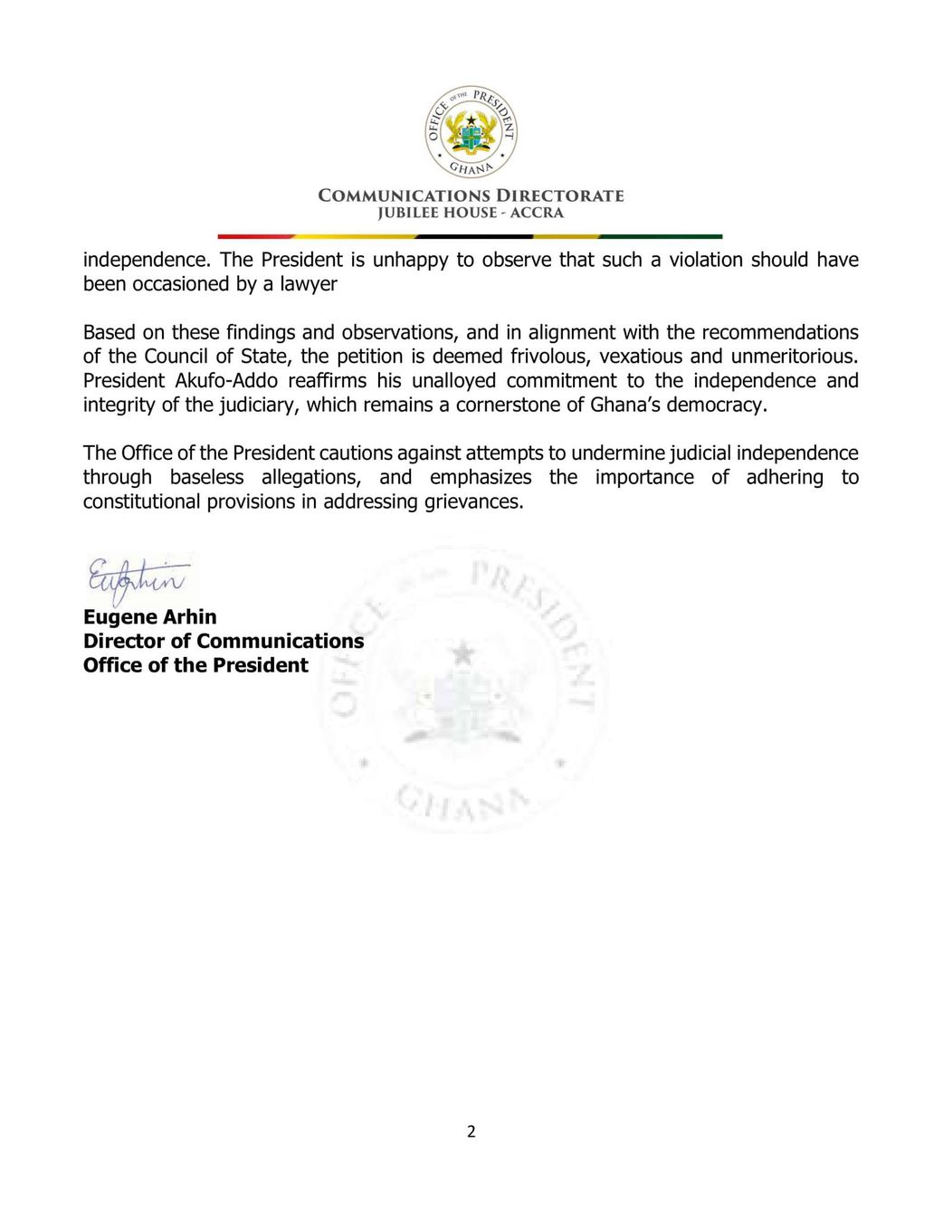 Akufo-Addo rejects Professor Asare’s ‘frivolous’ petition to remove Chief Justice