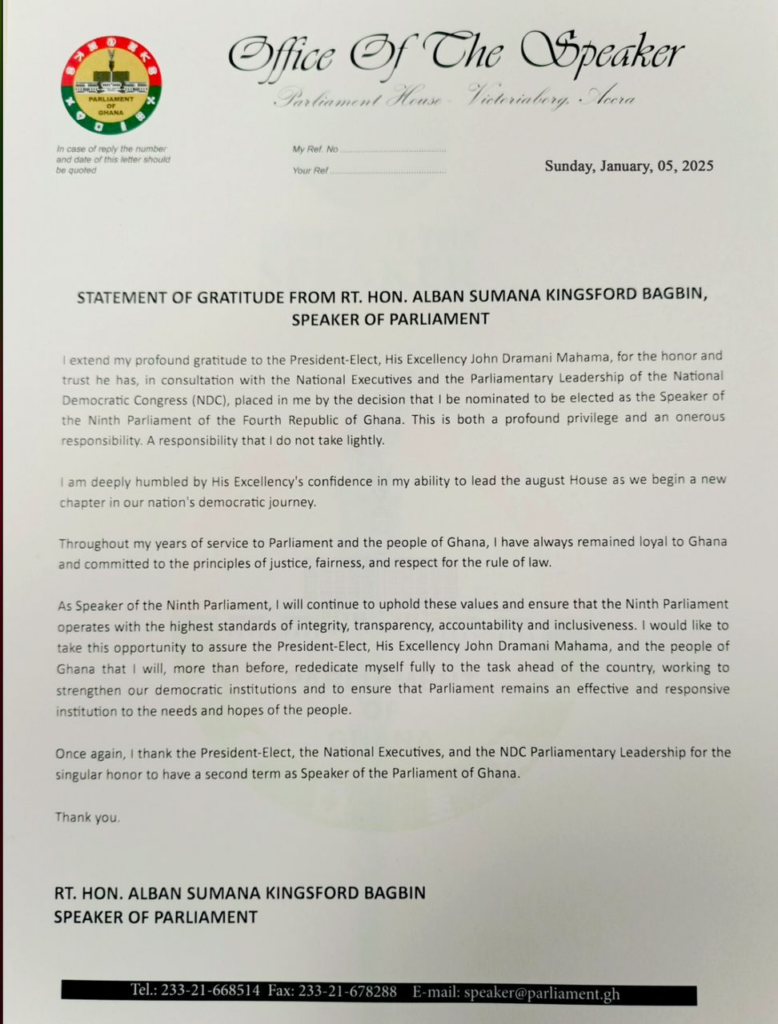 Bagbin welcomes Mahama’s endorsement; pledges high standards in 9th Parliament