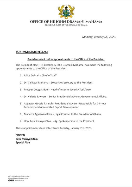 John Mahama names appointees for office of the President—Check full list