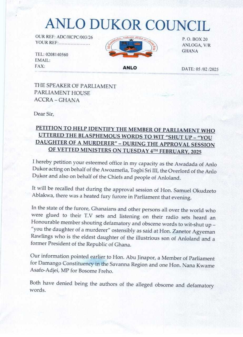 Anlo Chiefs petition Bagbin to expose identity of MP who insulted Zanetor Rawlings