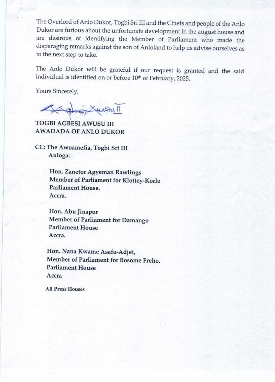 Anlo Chiefs petition Bagbin to expose identity of MP who insulted Zanetor Rawlings