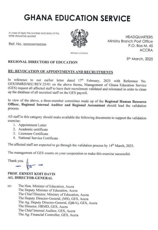 Ghana Education Service to reinstate dismissed last-minute recruited staff